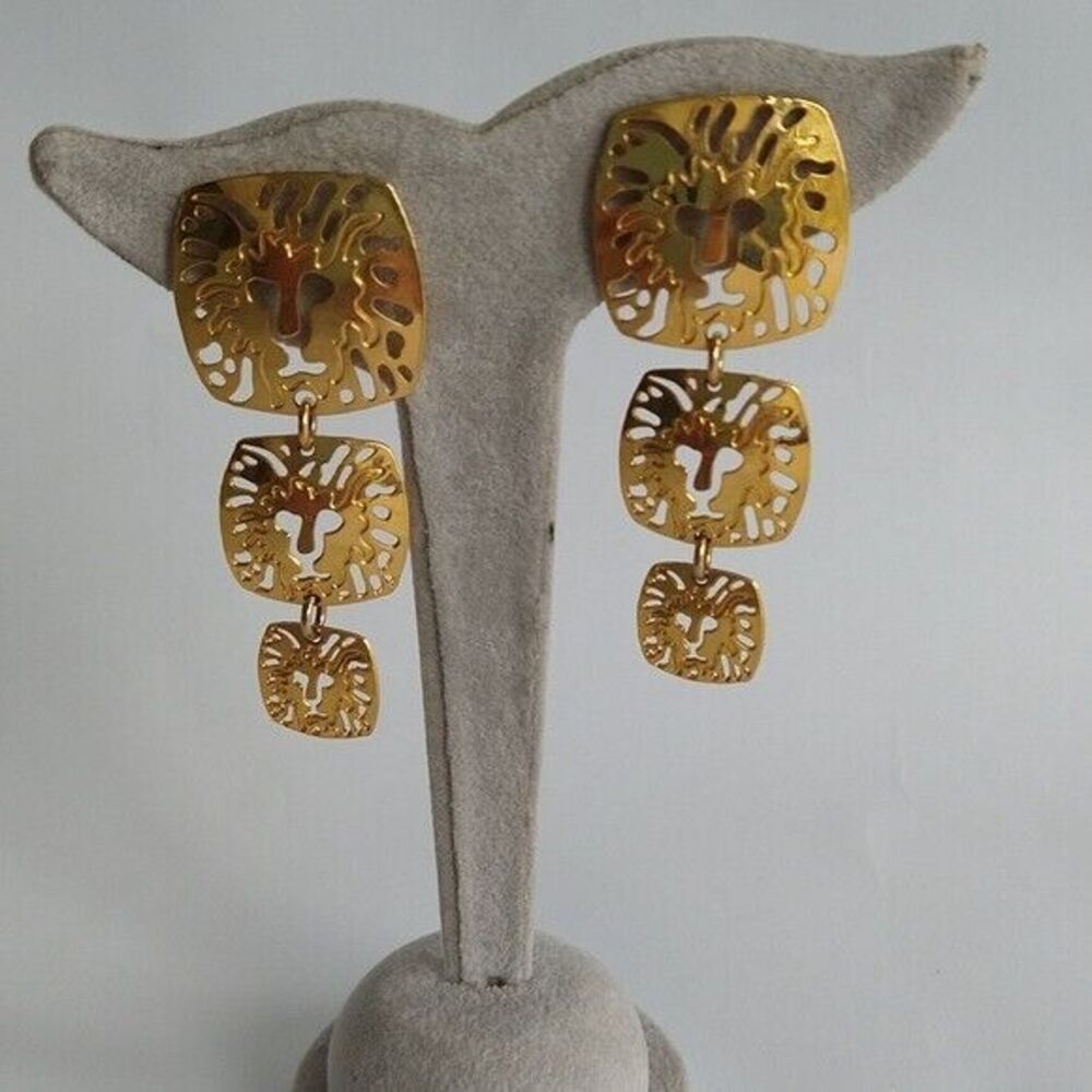 Vtg Anne Klein Logo Earrings 3 Lion Head Dangle Pierced Gold Tone Pierced